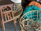 2 large cane chairs with cushions a stool