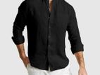 Casual Black Mandarin Collar Linen Shirt