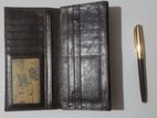Cow Leather Crocodile Head :Long Wallet with Pen