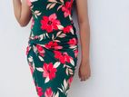 Green And Pink Floral Print One Shoulder Bodycon Midi Dress