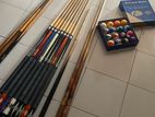 Pool Cues 9 with Ball Set Rest Sticks Used