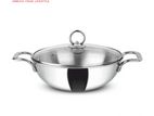RICH TRIPLY STAINLESS STEEL DEEP KADAI WITH GLASS LID 24CM - RHDK-767-24