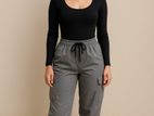 Slim-Fit Black Bodysuit + Grey Elastic-Waist Cargo Pants