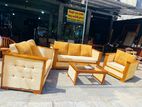 Teak Elegant Royal Buttons Cushioned Indian Sofa with Glass Stool