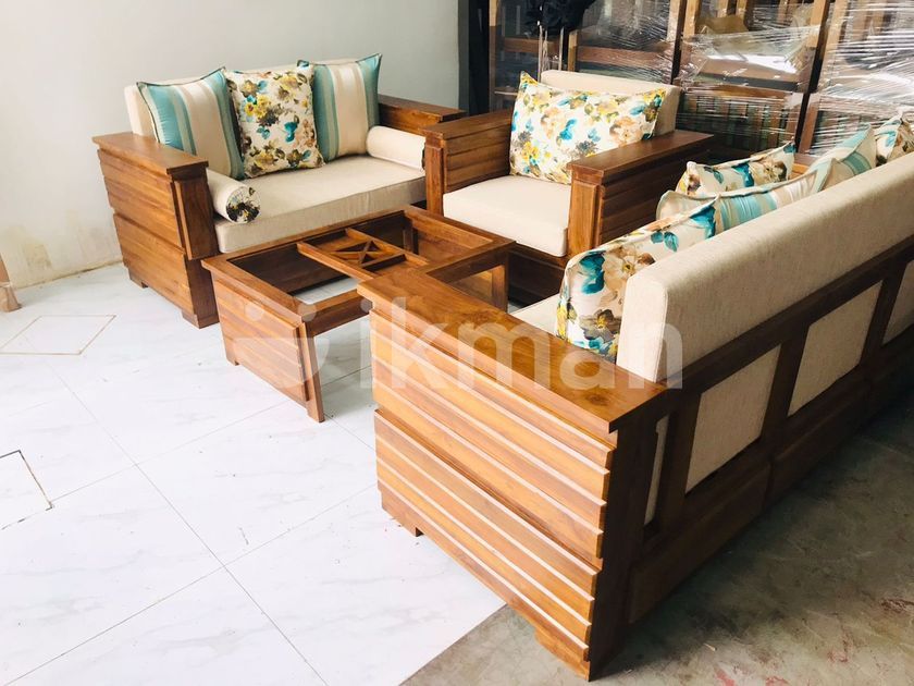 Teak Heavy Ex Large Modern Indian Box Sofa with Glass Stool Kaduwela