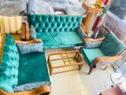 Teak Heavy Modern Royal Buttons Velvet Fabric Sofa with Glass Stool
