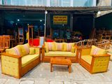 Teak Heavy Royal Buttons Cushioned Indian Sofa with Glass Stool