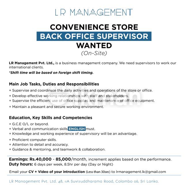 Back Office Supervisor Vacancy | Colombo 6 | ikmanJOBS