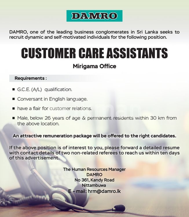 Customer Care Assistants Vacancy Mirigama ikmanJOBS