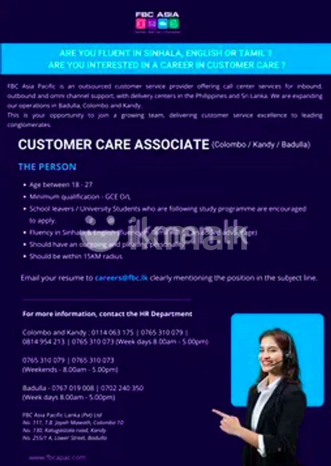 Customer Care Associate Badulla Vacancy Badulla City ikmanJOBS