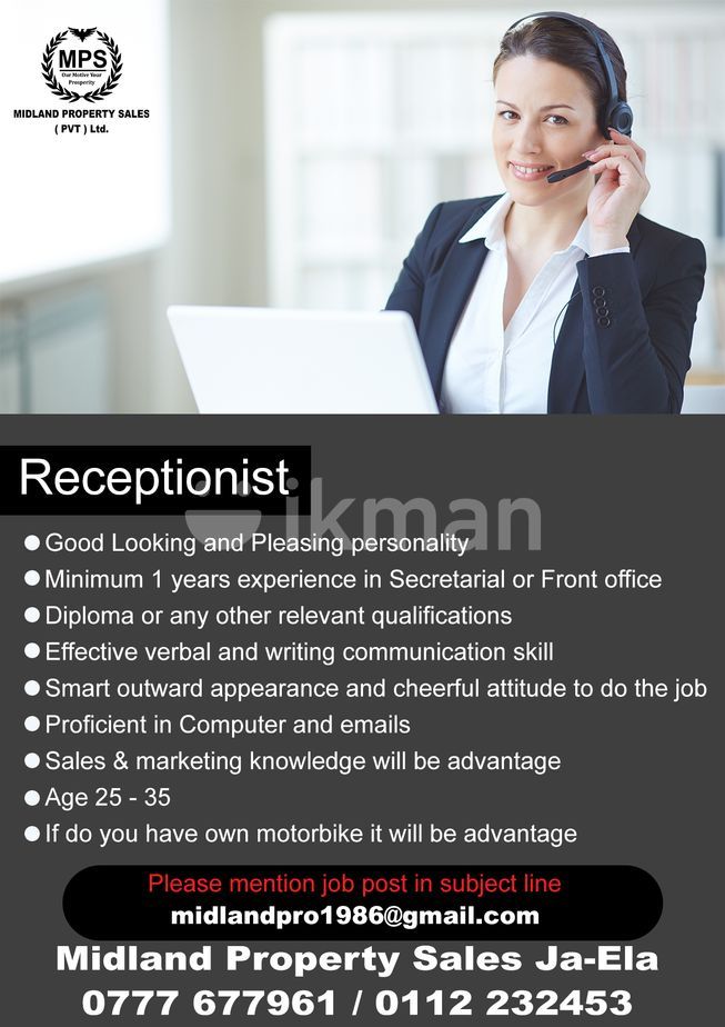 Job Vacancy For Receptionist Vacancy Ja Ela IkmanJOBS   Fitted 