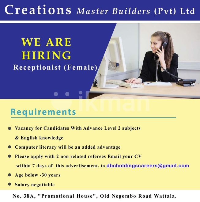 Receptionist Vacancy | Wattala | ikmanJOBS