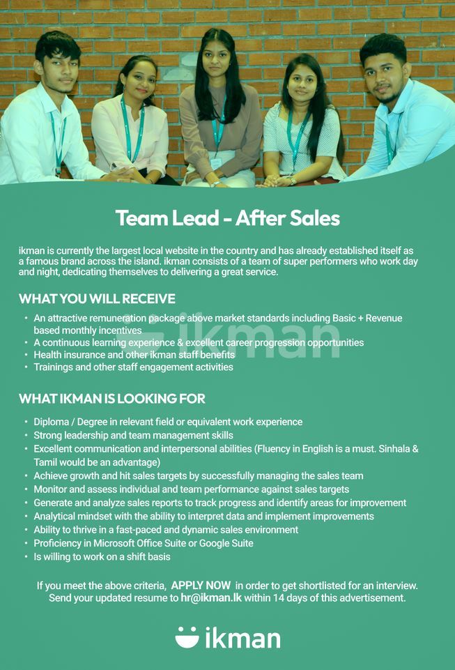Team Lead After Sales Vacancy Colombo 2 ikmanJOBS